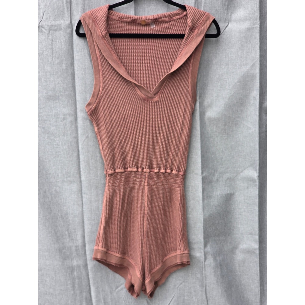 Free People FP One Waffle Knit Hooded Romper Mauve Pink Cotton Sleeveless Medium
